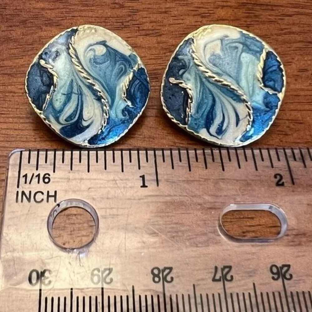 90s Vintage Button Earrings Oversized Artsy Blue Silver Swirl Studs